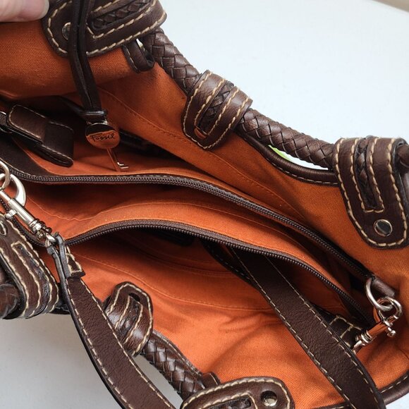 Fossil Floral Canvas & Leather Shoulder Bag With Braided Handles & Logo Key Fob - Picture 6 of 7